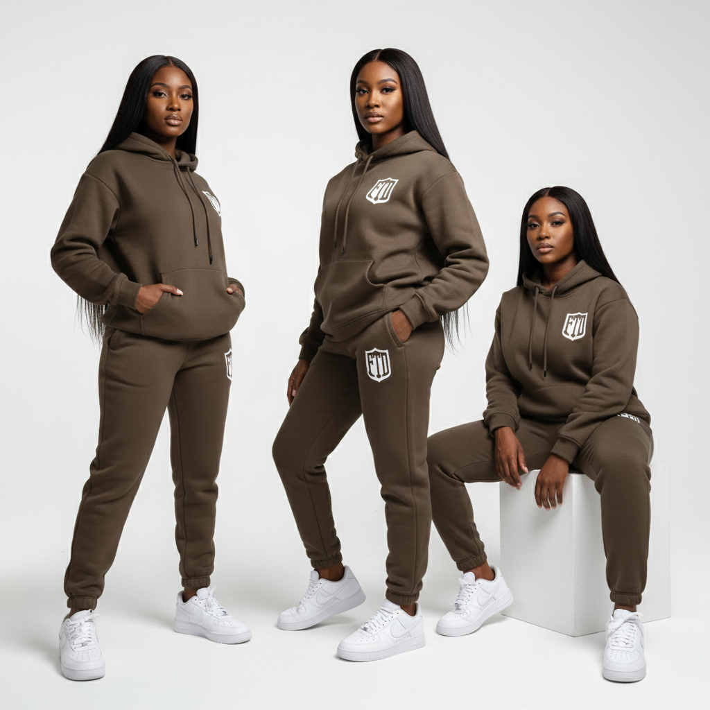 Black female models in FTD dark brown heavyweight fleece set with shield logo