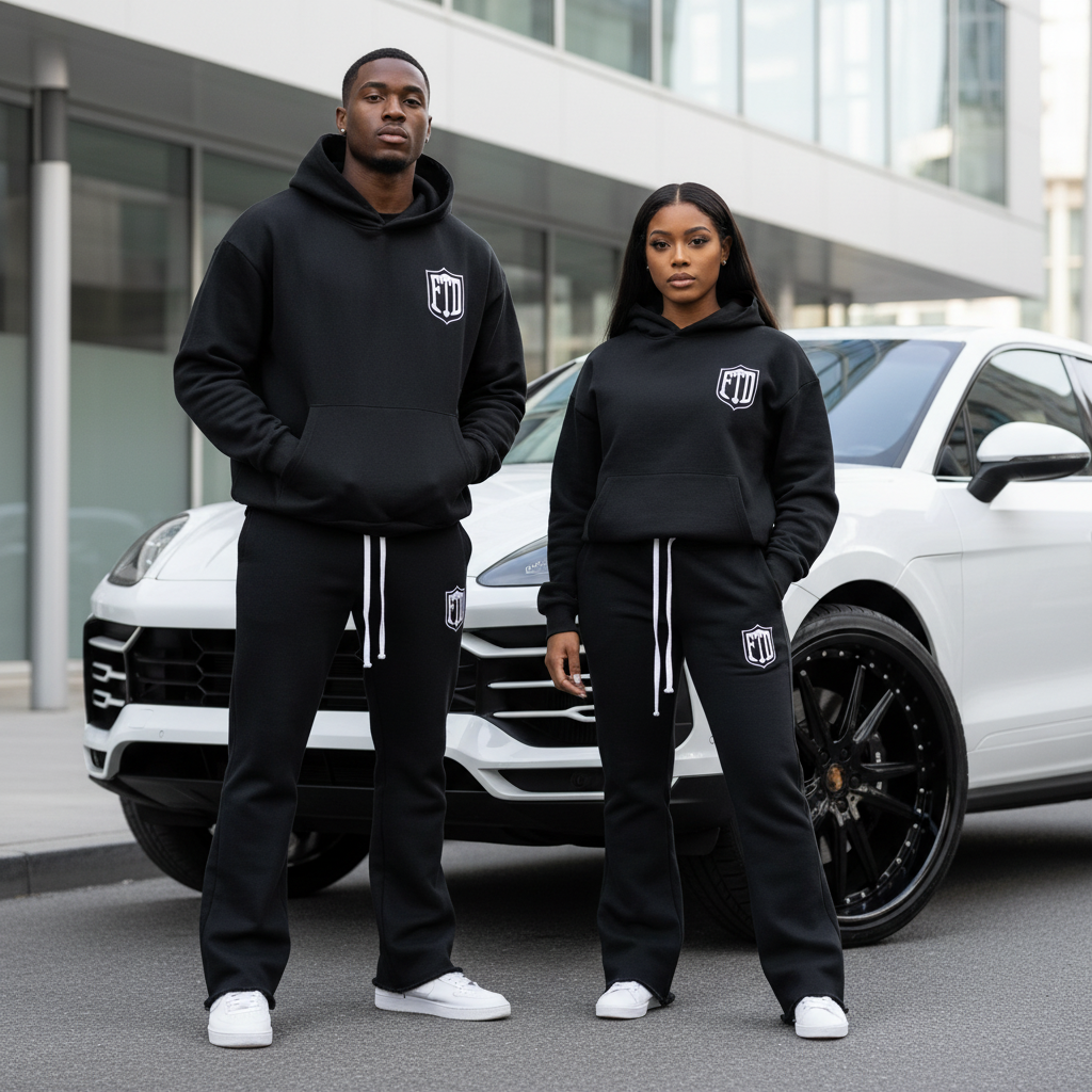 Male and Female Models in FTD Shield Logo Sweatsuits with Porsche Urus